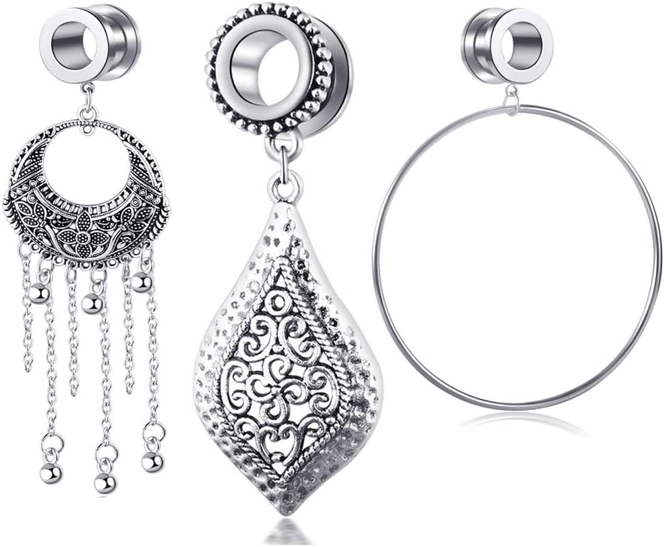 TIANCI FBYJS3 Pairs Ear Gauge Tunnels Surgical Steel Tunnel Large Chain Dangle Hoop Earring Gauges Stretching Piercing Plugs Jewelry 2g 0g 00g 5/8 Body Jewelry