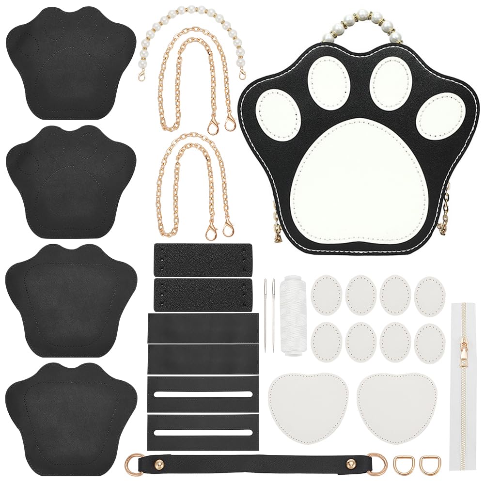 WADORN DIY PU Leather Paw Print Shape Handbag Making Kit, DIY Crossbody Bag Sewing Kit DIY Purse Making Kit All Accessories for Woman Birthday Gift Making Supplies, 20.5x33.5x8.5cm, Black
