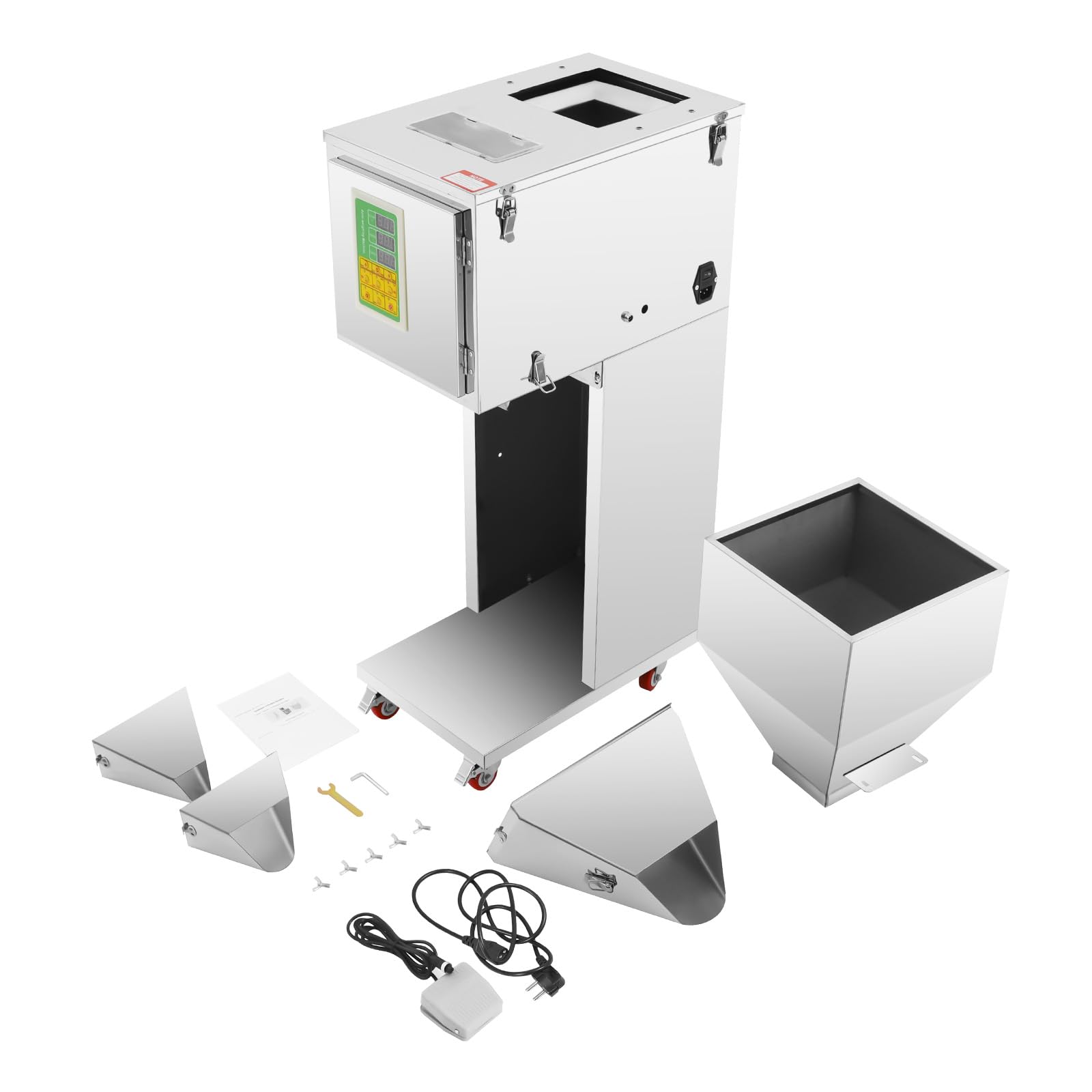 200W Automatische Abfüllmaschine 10-999g (0,02–2,2 lbs), Edelstahl Verpackungsmaschine mit Fußpedal, Dual-Vibrationstechnologie Wiegefüllmaschine für Bohnen Samen Körner Tee