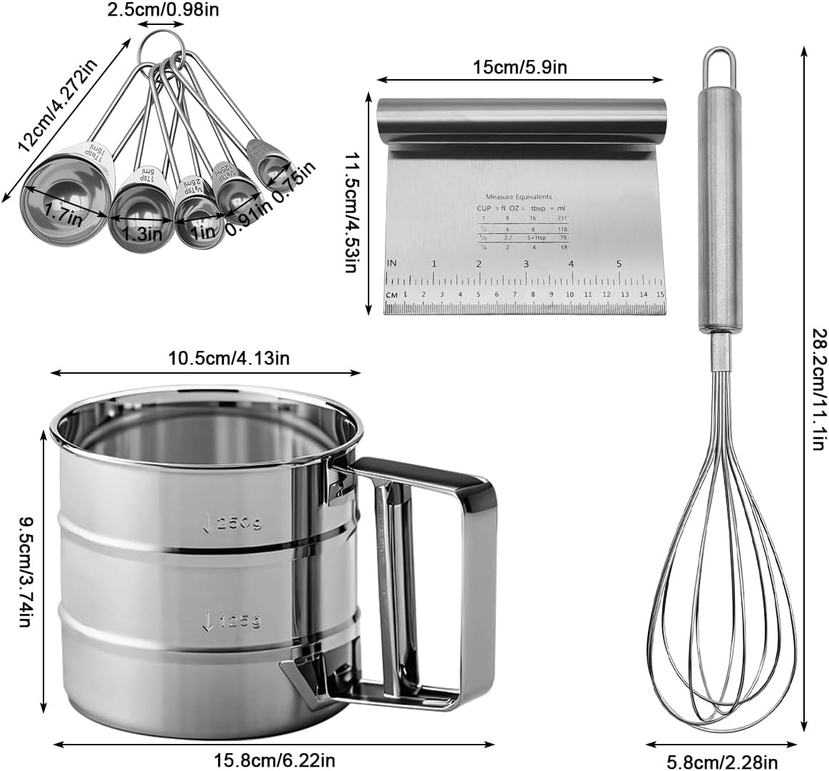 Silver Flour Sifter Baking Tool Set, DLAND Stainless Steel 4-Piece Kit with 10" Whisk, Dough Scraper & 5 Measuring Spoons, Mirror Polished, Easy to Clean, for Cake Bread Cookie Prep