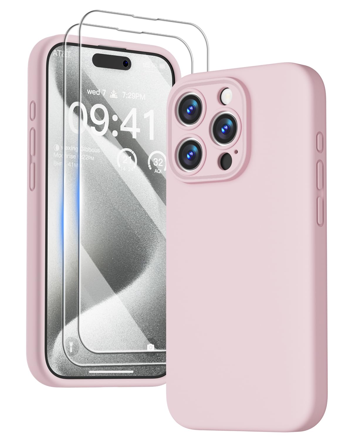 GOODVISH 3 in 1 Silicone Cover per iPhone 15 Pro 6.1" (2023), Custodia con 2 Pellicola Protettiva, Case per Cellulare Ultra Sottile Antiurto Resistente [Protezione Fotocamera], Rosa Sabbia