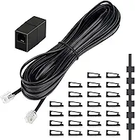 Uvital Cabo de extensão de telefone 10 m, cabo de telefone com plugue padrão RJ11 e acopladores de linha de 2,5 cm e 20 suportes de clipe de cabo, preto