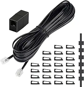 Uvital Cabo de extensão de telefone 10 m, cabo de telefone com plugue padrão RJ11 e acopladores de linha de 2,5 cm e 20 suportes de clipe de cabo, preto