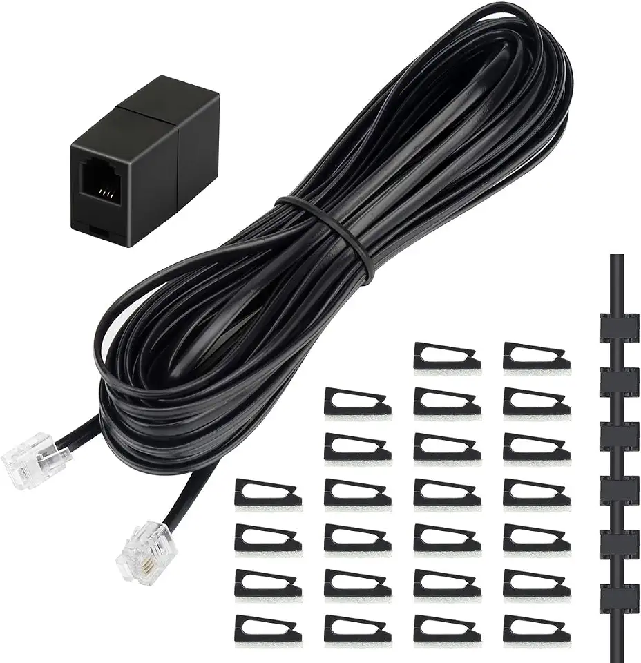 Uvital Cabo de extensão de telefone 10 m, cabo de telefone com plugue padrão RJ11 e acopladores de linha de 2,5 cm e 20 suportes de clipe de cabo, preto