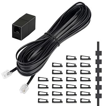 Uvital Phone Extension Cord 33 Ft, Telephone Cable with Standard RJ11 Plug and 1 in-Line Couplers and 20 Cable Clip Holders, Black