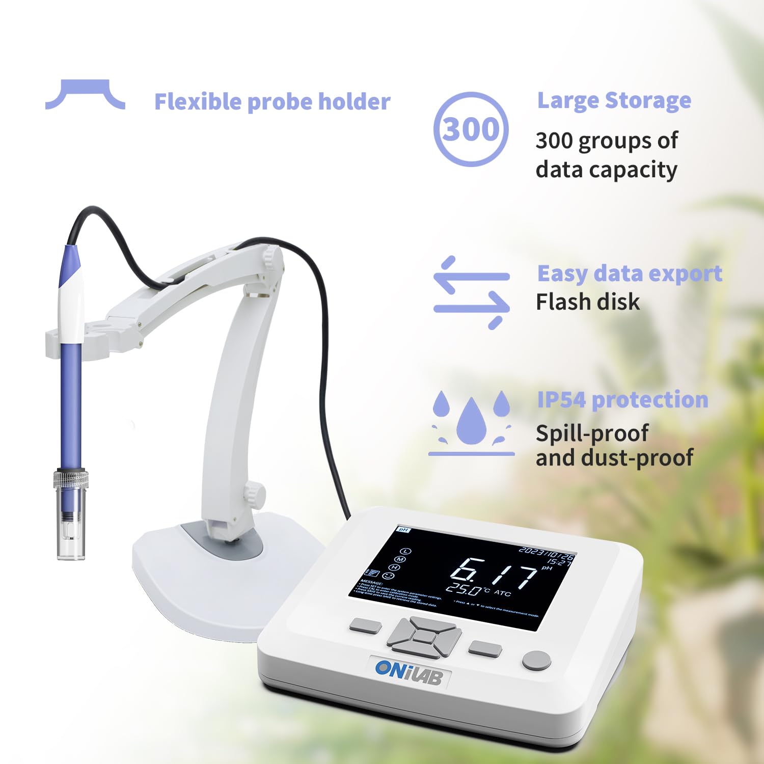 ONiLAB Benchtop Lab pH Meter, 0.01 pH Accuracy, 1-3 Points Auto Calibration, 3-in-1 pH/Temp. Electrode