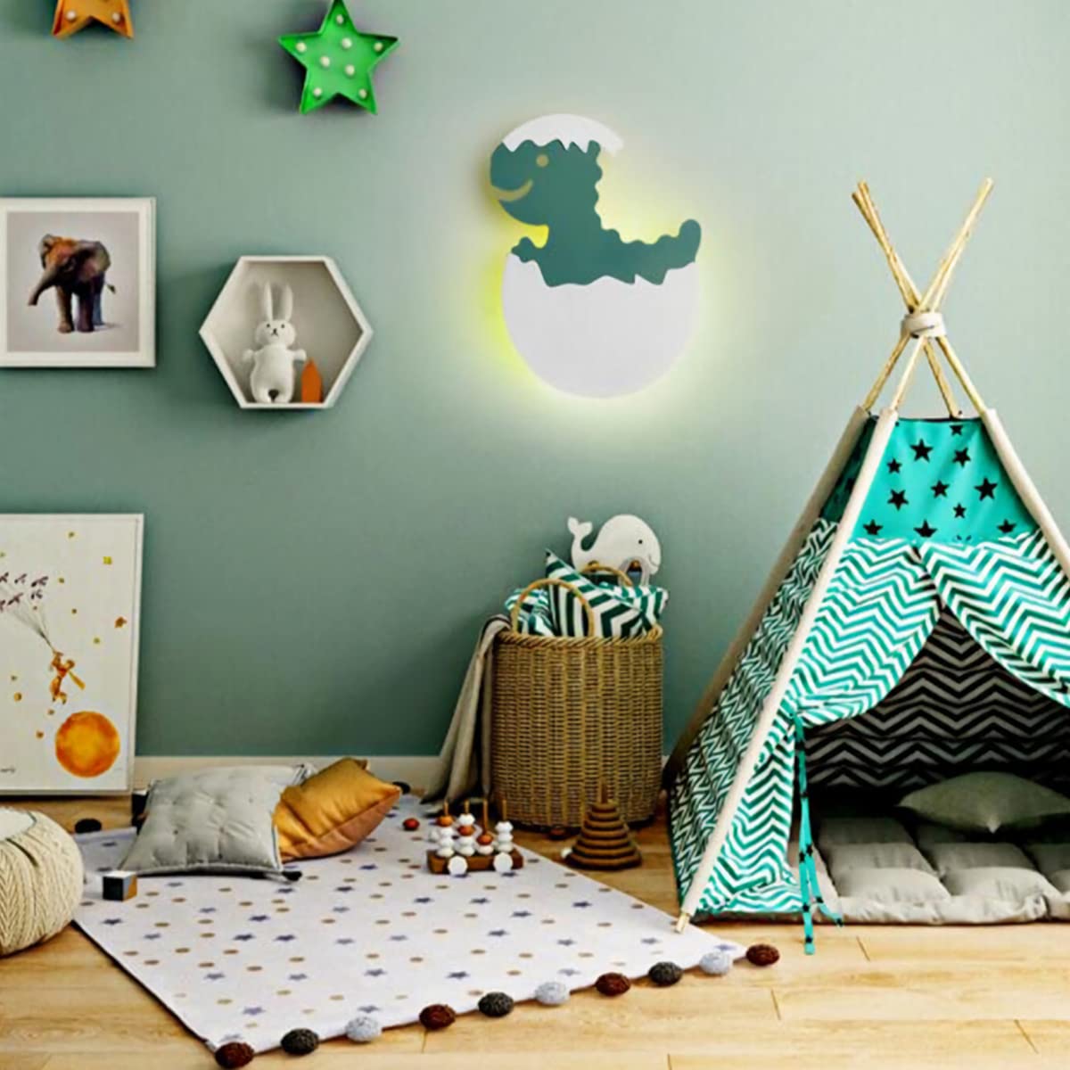 Lámpara De Pared LED De 7W Para Niños, Lámpara De Pared De Dinosaurio Verde Regulable, Luz De Dormitorio Para Niños Y Niñas, Lámpara De Noche Moderna Para Niños, Lámpara De Habitación 3000K-6000K