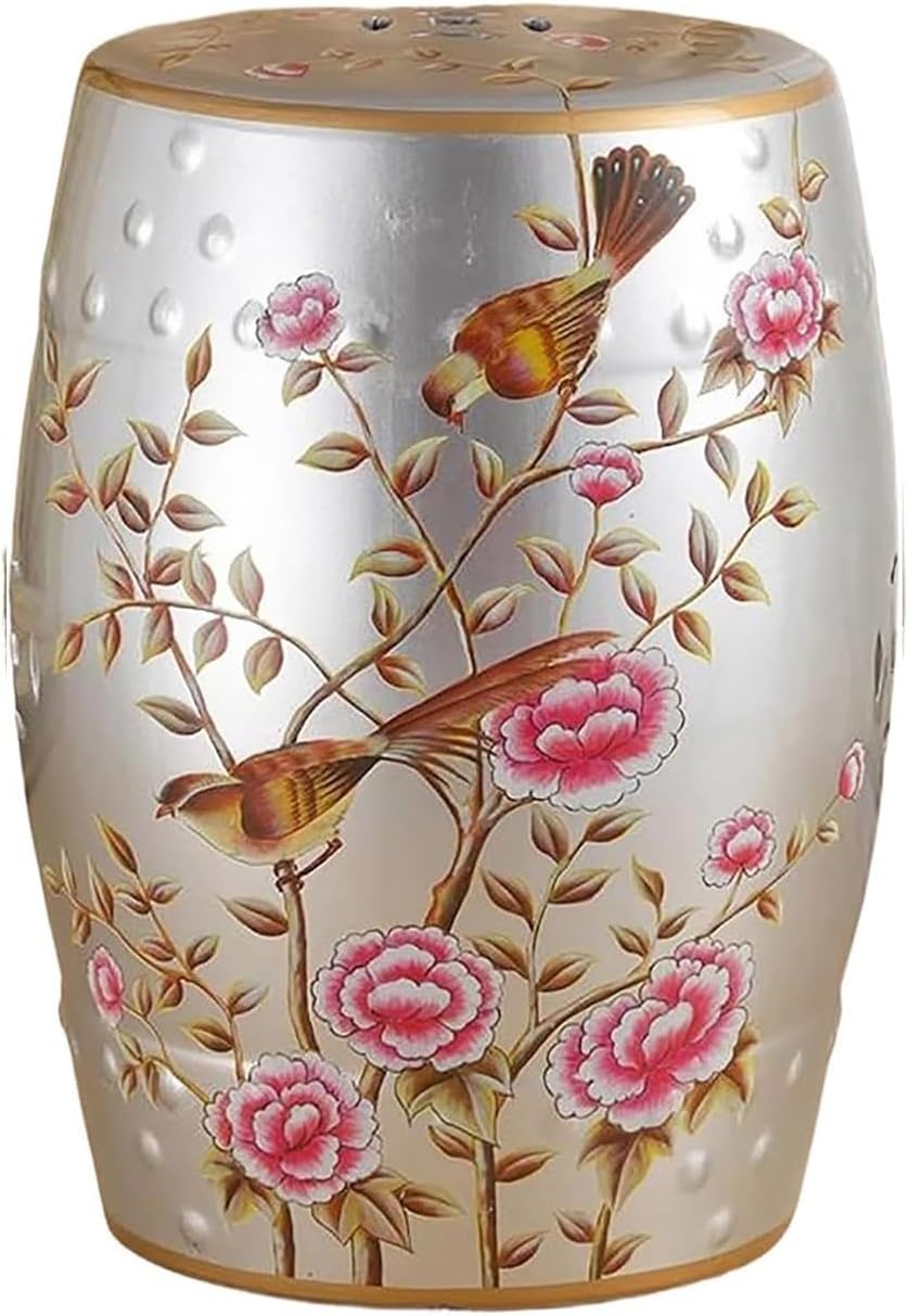 Decorative Floral Ceramic Garden Stool Vintage Round Side Table Country Flowers & Butterflies Garden Stool Chinese Ceramic Drum Stool French Country Side Tables for Terrace Patio(Sparrow Silver)