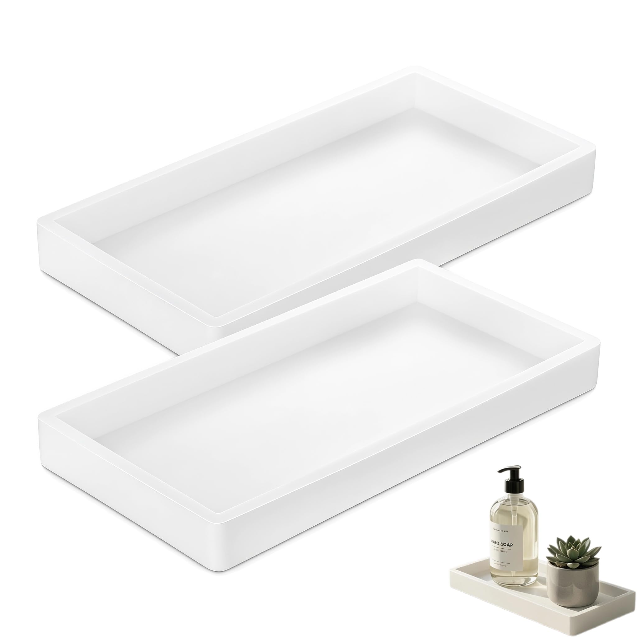 Bathroom Tray 2 Pack – Small White Silicone Trays for Cosmetics, 20x10x2cm
