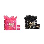 13 Pink + Black Happy Birthday Gift Bag with Tissue Paper and Greeting Card for Party,Happy Birthday Gift Bag for Men Women, Gift Bags Medium size(2 PCS Pink & Black)