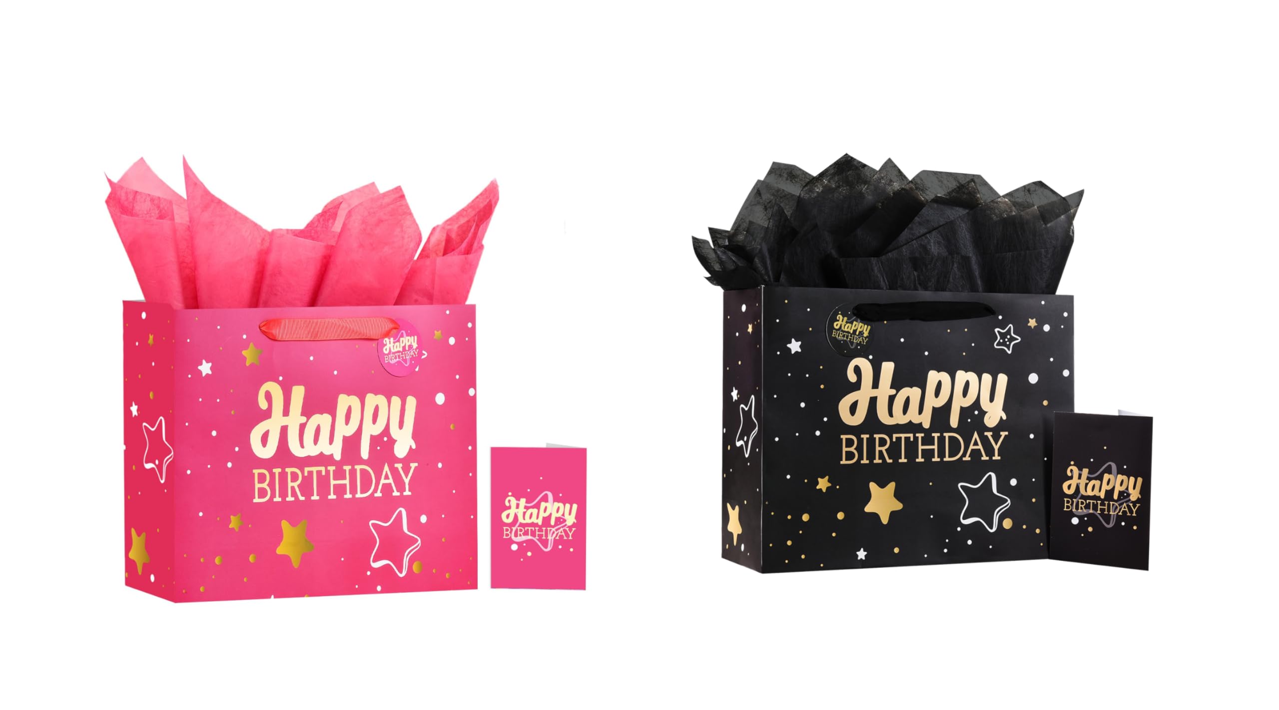 13" Birthday Gift Bag with Tissue Paper &amp; Card(1 Pack Black Gold&amp;Pink Gold)