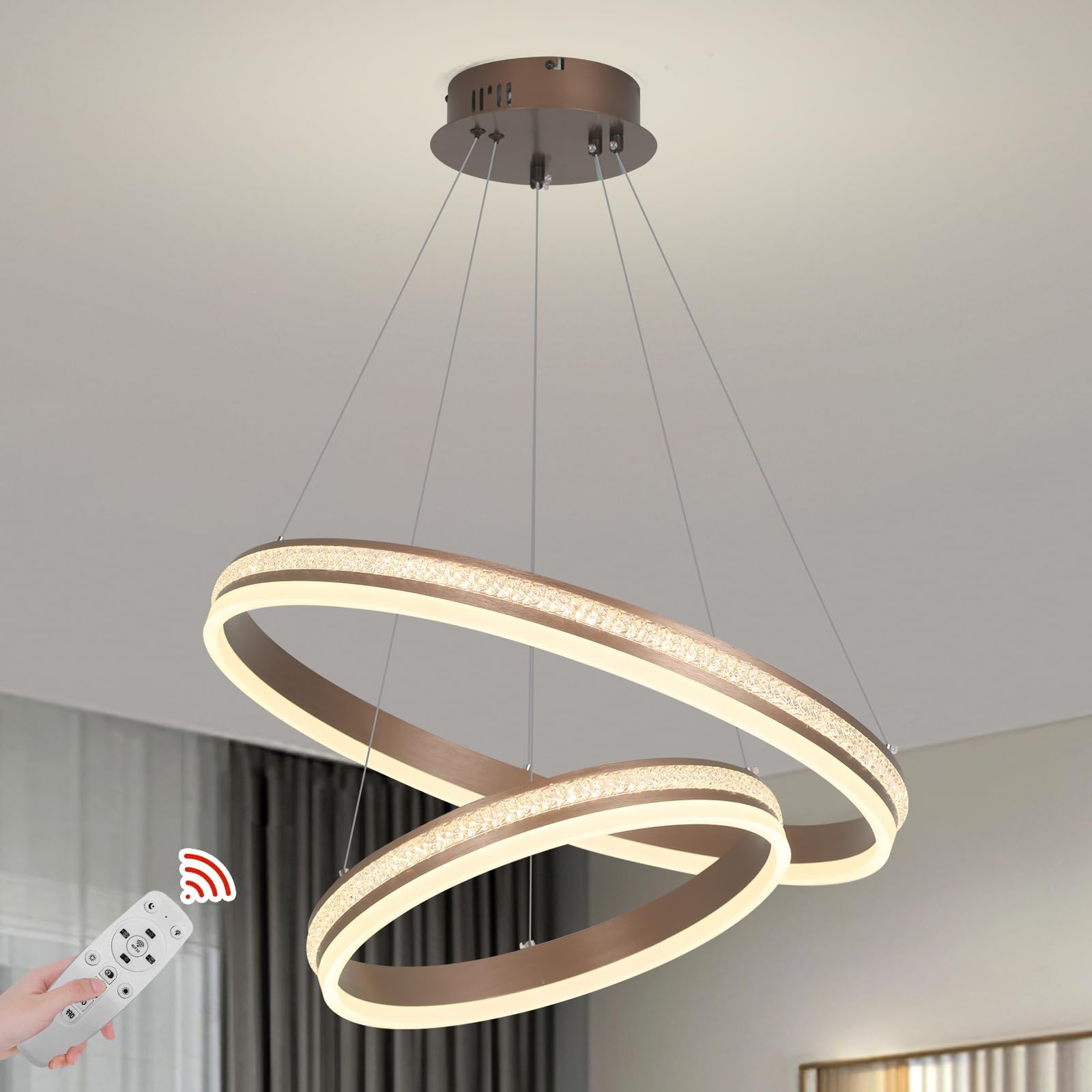 YT YATAI LIGHTING Modern Led Chandelier,Remote Control 2 Rings Contemporary Led Chandelier Circular Pendant Light, Black Dimmable Hanging Ceiling Light Fixture for Living Dining Room,110W