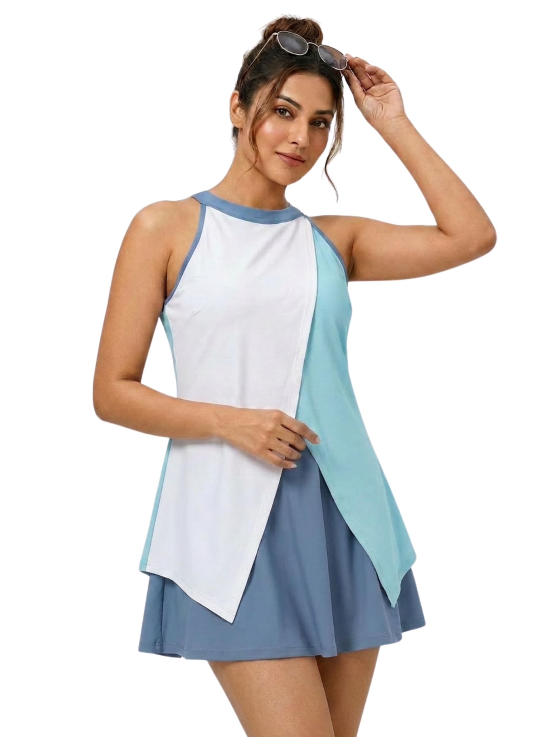 soie Women's Halter Neck Colour Block Flared Padded Swimdress | Attached Inner Shorts | High Stretch Polyamide Spandex | Beach Pool Swimwear-picture-45