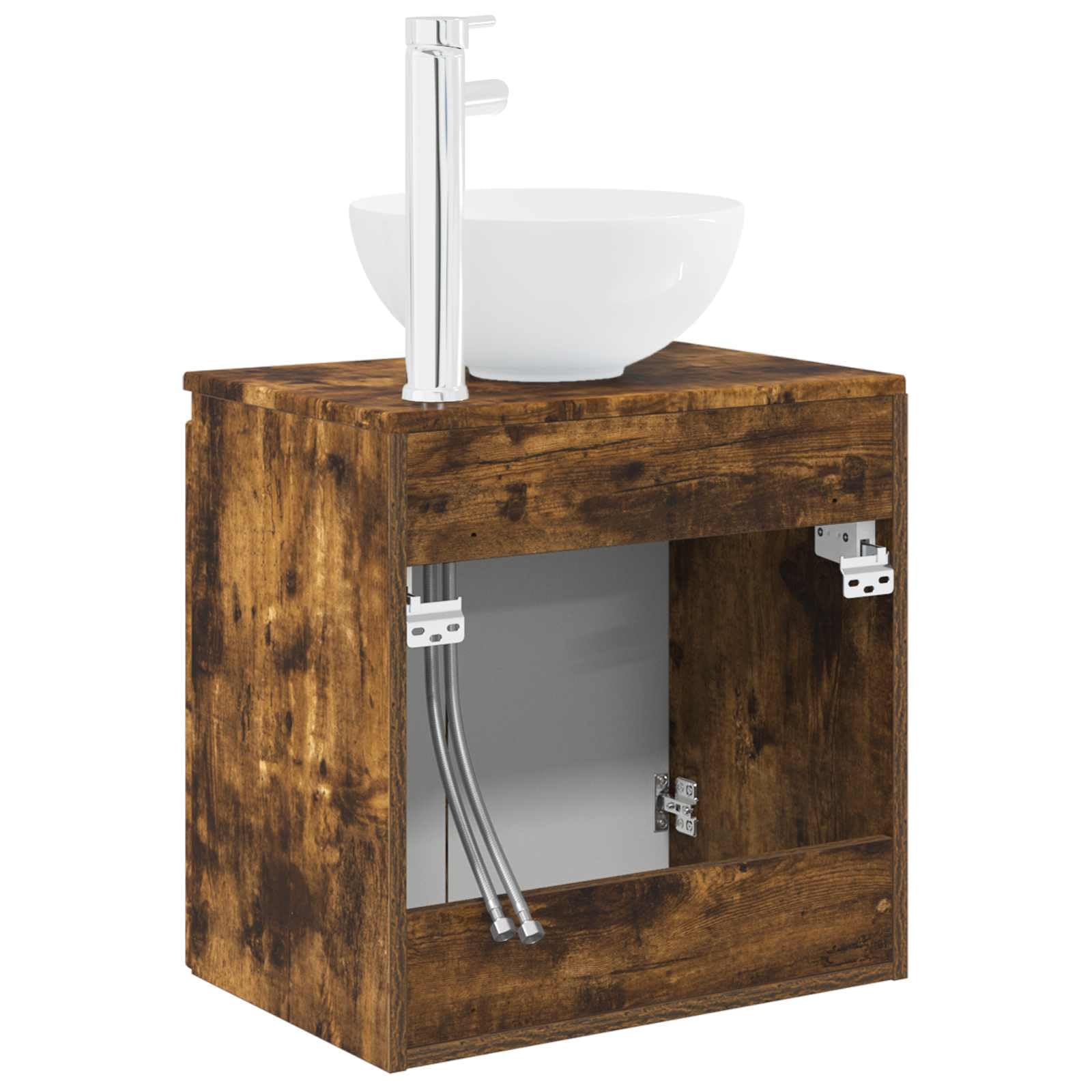 Lavabo de pared con lavabo, roble ahumado, 49,5 x 35 cm | Armario de baño con fregadero para baño y aseo de invitados, incluye accesorios para el montaje.