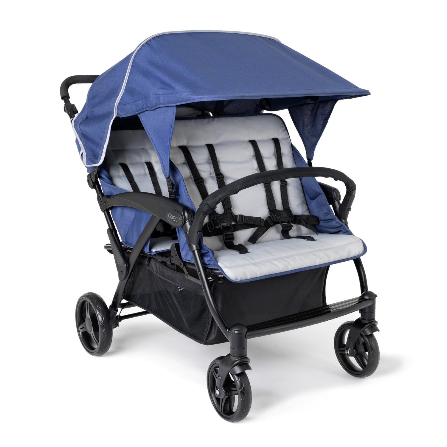 Gaggle by Foundations Odyssey 4 Seat Quad Stroller | 4-Seat Stroller for Daycare | Oversized Canopy and Bench Seats | 5-Point Harness | Foot Brake | All Terrain Tubeless Wheels | Blue