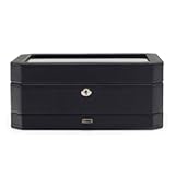 WOLF Windsor 10-Piece Watch Box with Drawer&comma; Black - Features 10 Watch Compartments&comma; Eight Ring Rolls & 17 Jewelry Compartments - Vegan Leather Exterior
