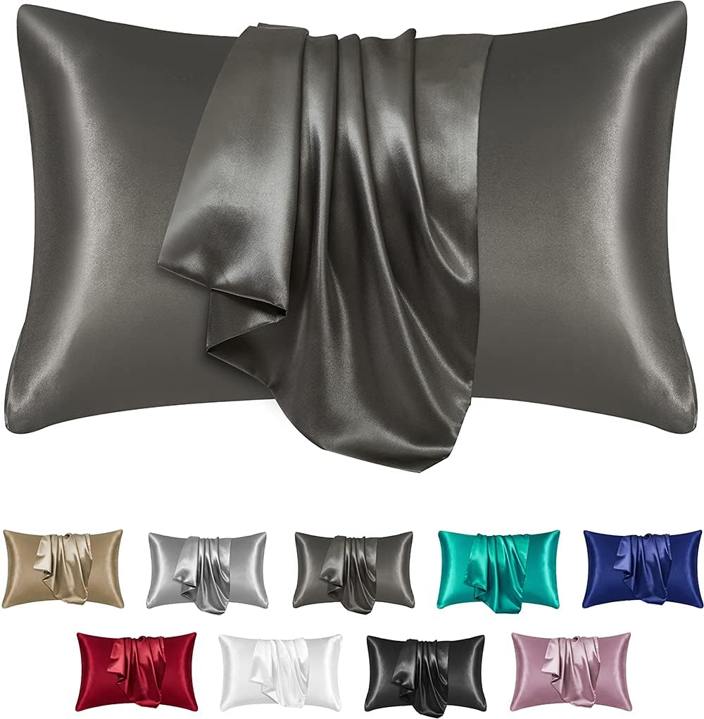 Nttspring Grey Satin Pillowcase for Hair and Skin,Queen Size Pillow Cases Set of 2,Soft&Cozy Silky Satin Pillow Cases for Women 2 Pack with Envelope Closure,No Zipper(20x30,Dark Grey)