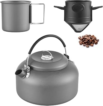 Tea Kettle, Tea Pot for Stove, 1.4L Outdoor Tea Pot with 250ml+450ml Cups and Coffee Filter Portable Stovetop Kettle for Boiling Water Anodized Aluminum Camping Kettle for Backpacking Hiking