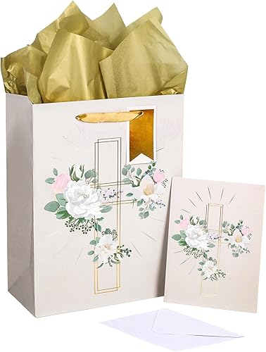 LeZakaa Bolsa de regalo de cruz de 13 pulgadas con diseño de flores, bolsa de regalo cristiana plateada con papel de seda, etiqueta de regalo y