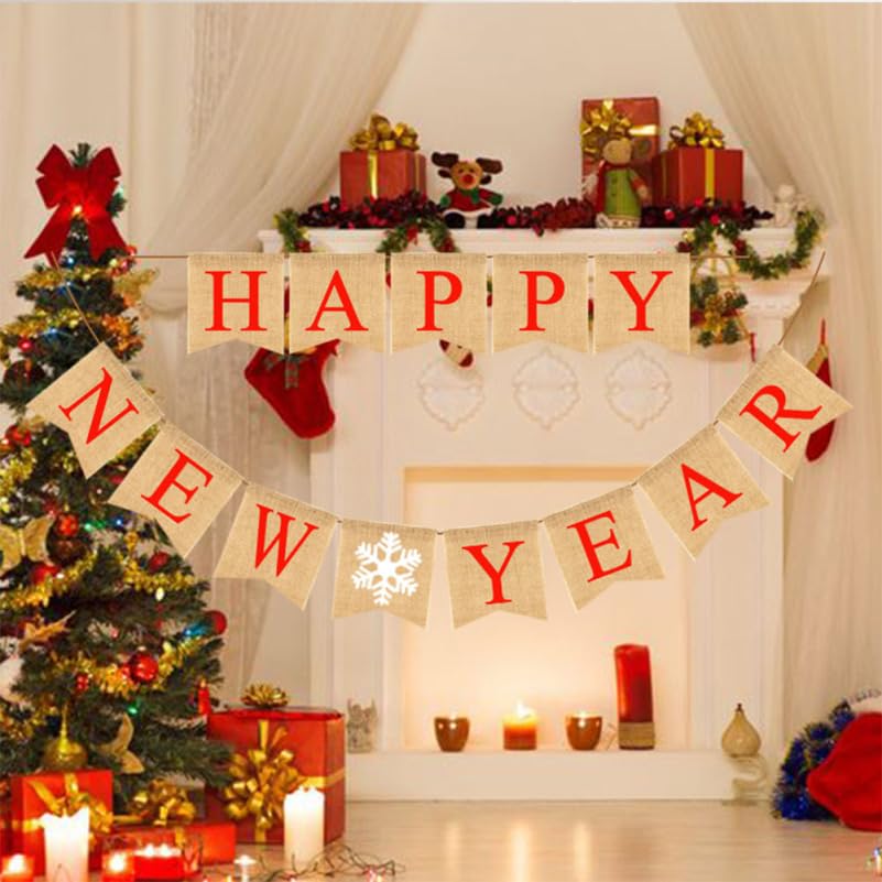 Amosfun 1 Set of Burlap Happy New Year Hanging Banner, 2026 New Year Party Photo Background - Image 3