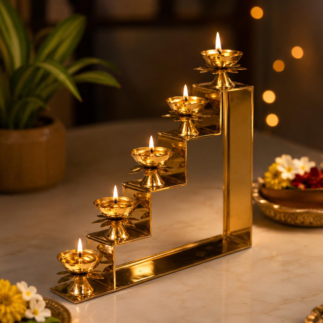 5-Step Decorative Brass Diya Stand for Puja | Traditional Multi Level Oil Lamp Holder with Lotus Designed Petal for Home Temple | Metal Deepam Stand for Mandir & Spiritual Use & Festive Giftings-image-45