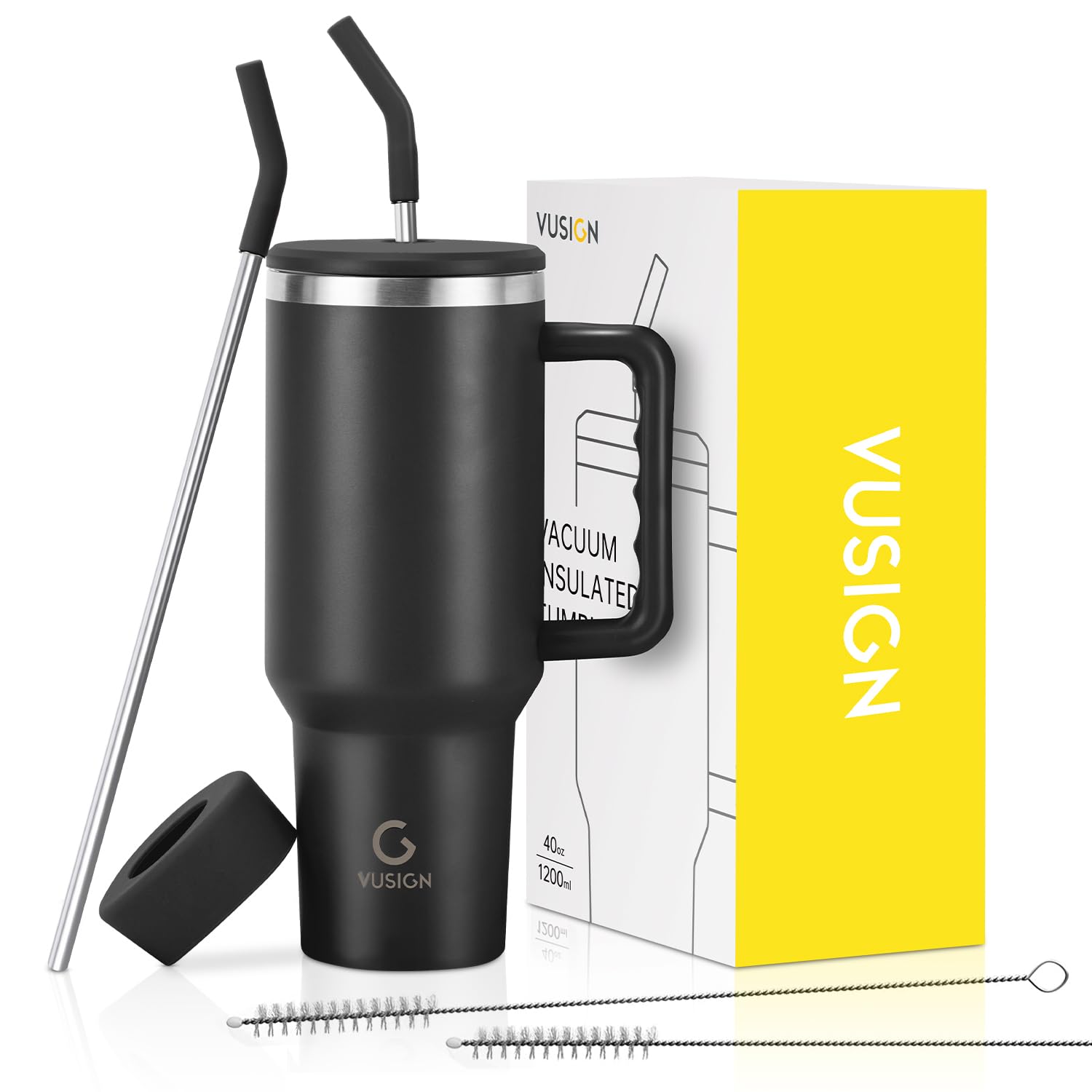 VUSIGN 40 oz Tumbler with Handle and Straw Lid, Stainless Steel Vacuum Insulated Tumbler Travel Mug Water Bottle Cup for Water Iced Tea Coffee Smoothie Car, Black