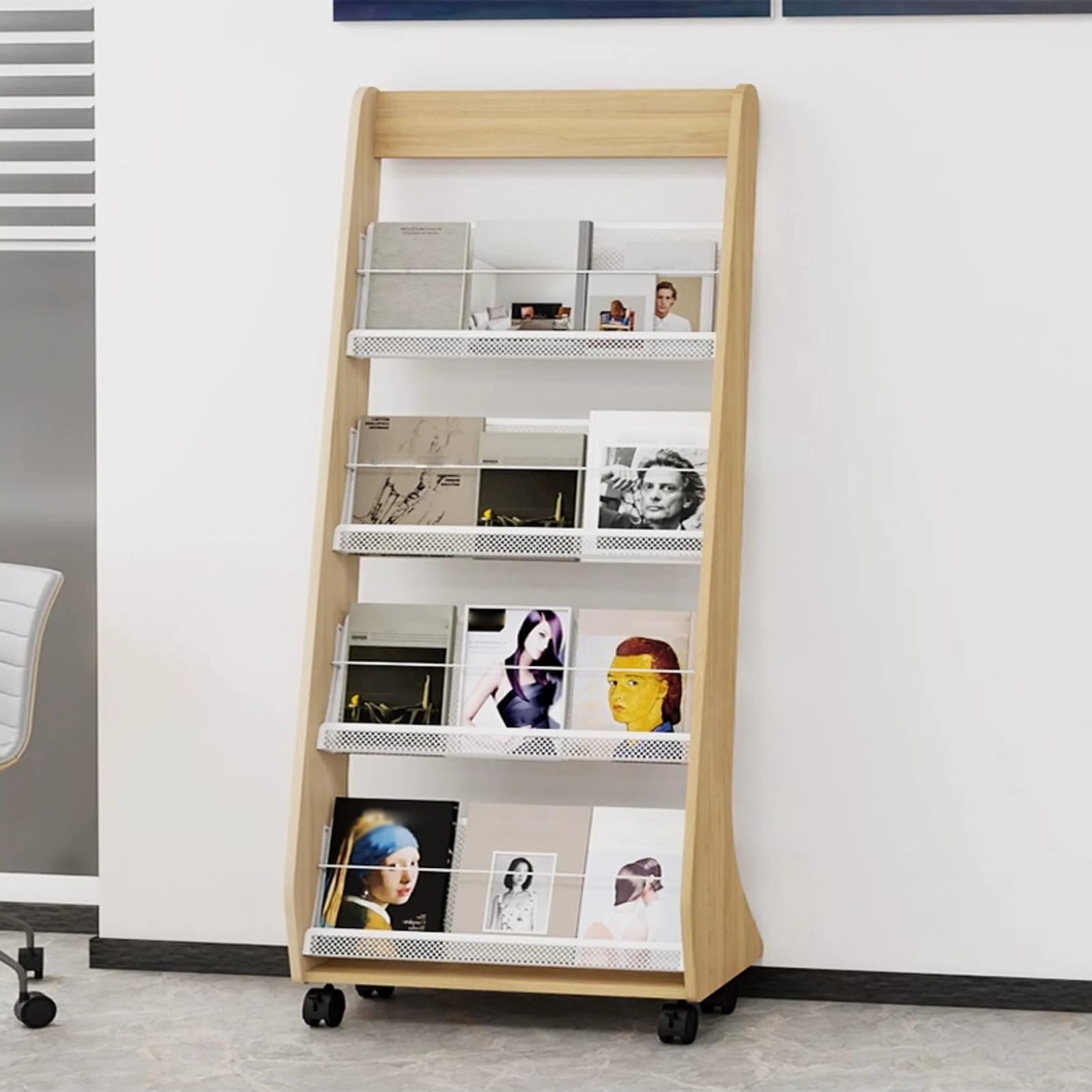 Cjwkxqol White Rolling Wooden Magazine Rack, Freestanding Vertical Display With Wheels For Home Office Library Reception(White)