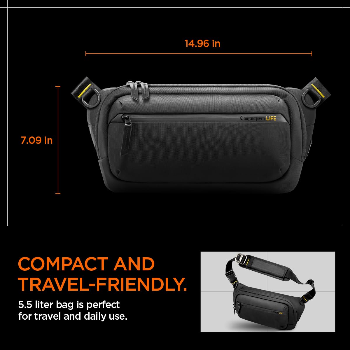 Spigen Life Klasden Sac de Poitrine Waist Bag Étanche pour Hommes et Femmes - Noir