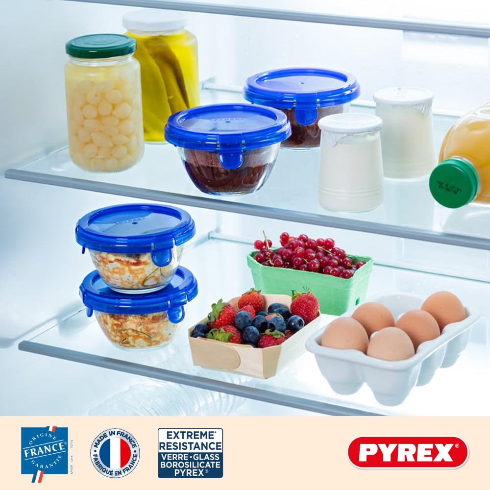 Pyrex® - Set di 5 barattoli rotondi in vetro con coperchi blu ermetici e impermeabili - 0,2L - Senza BPA