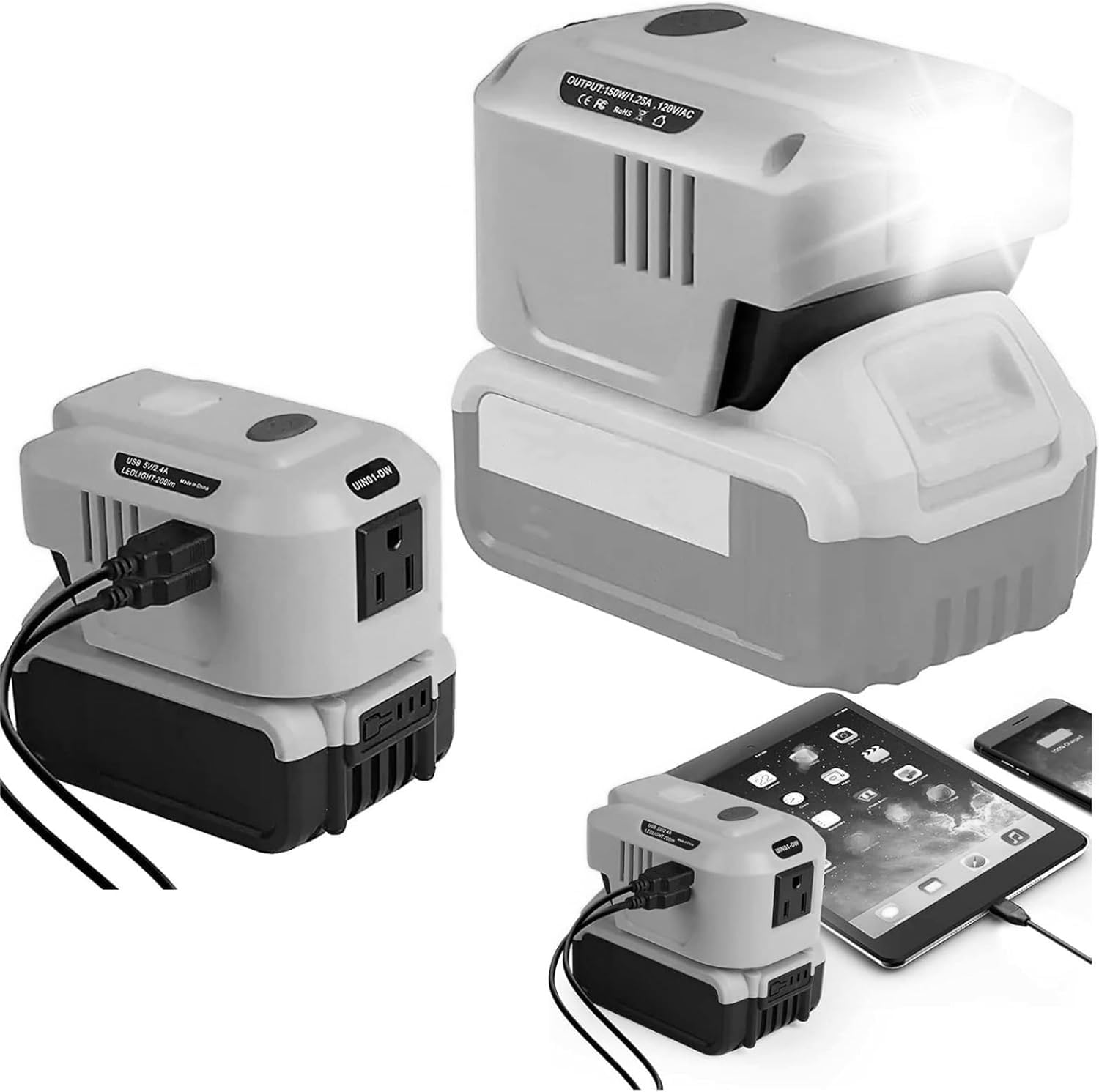 150W Power Supply Inverter for Dewalt 20V, TEPULAS DC 20V to AC 120V Power Inverter Generator, Power Source USB Phone Charger Adapter for Dewalt w/AC Outlet & LED Light (No Battery)