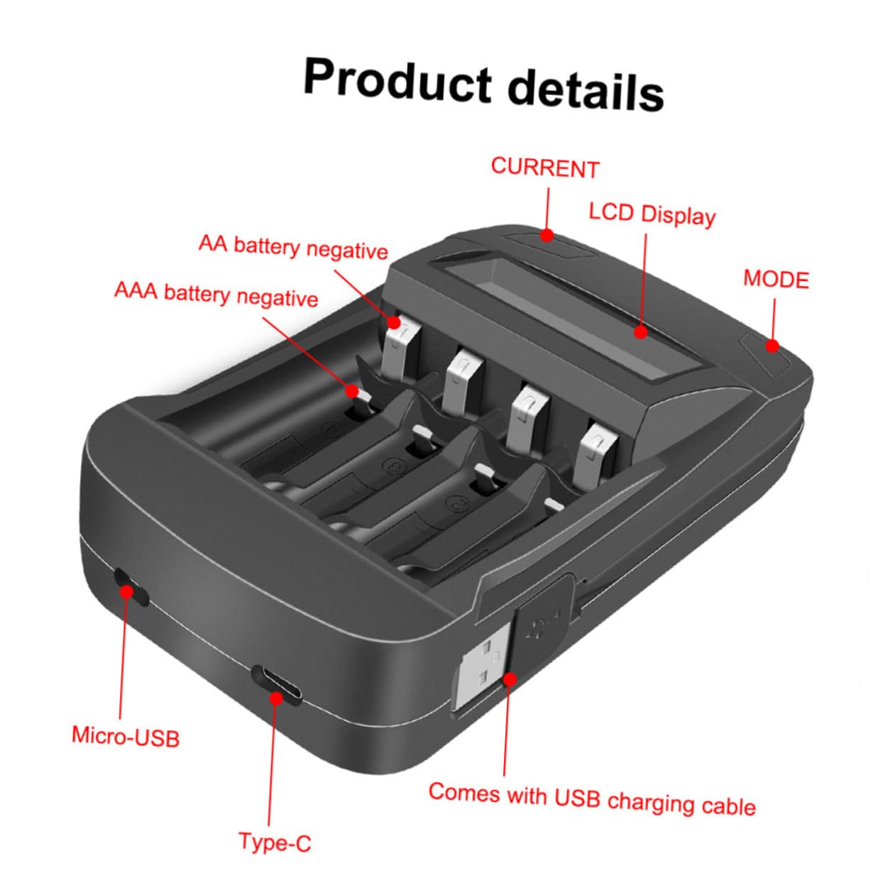 HEMOTON 2piezas Cargador De Batería USB Inteligente De Ranuras Pantalla LCD Adaptador Multifuncional para AA AAA Función De Descarga y Recarga Portátil para Doméstico Negro