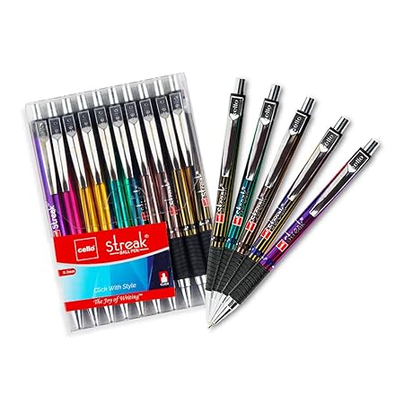 Cello Streak Ball Pen | Blue and Black Ball Pens | Pack of 10 Ball Pens | Office Stationery Items | Writing Pen for Students | Refillable and Retractable Ball Pens | Cello Pens at Rs. 129
