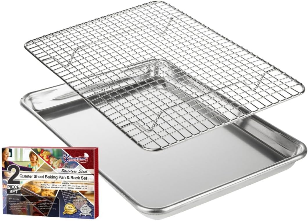 KITCHENATICS Small Quarter Sheet Baking Pan with Rack, Stainless Steel Baking Rack & Aluminum Cookie Sheet Baking Pan Toast Oven Tray w/Cooling Rack, 1/4 Sheet Pan & Wire Rack Set - 9.6" x 13" IN Pan