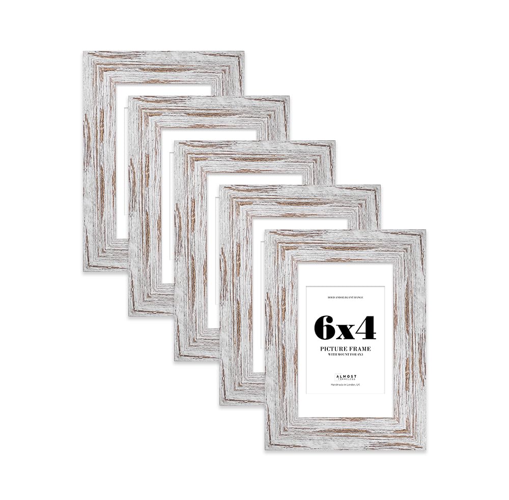 6x4 Distressed Wood Frame With Mount for 4x3 Pictures 28mm Edge Portrait and Landscape Display with Wall Hooks and Kickstand, 5 Pack