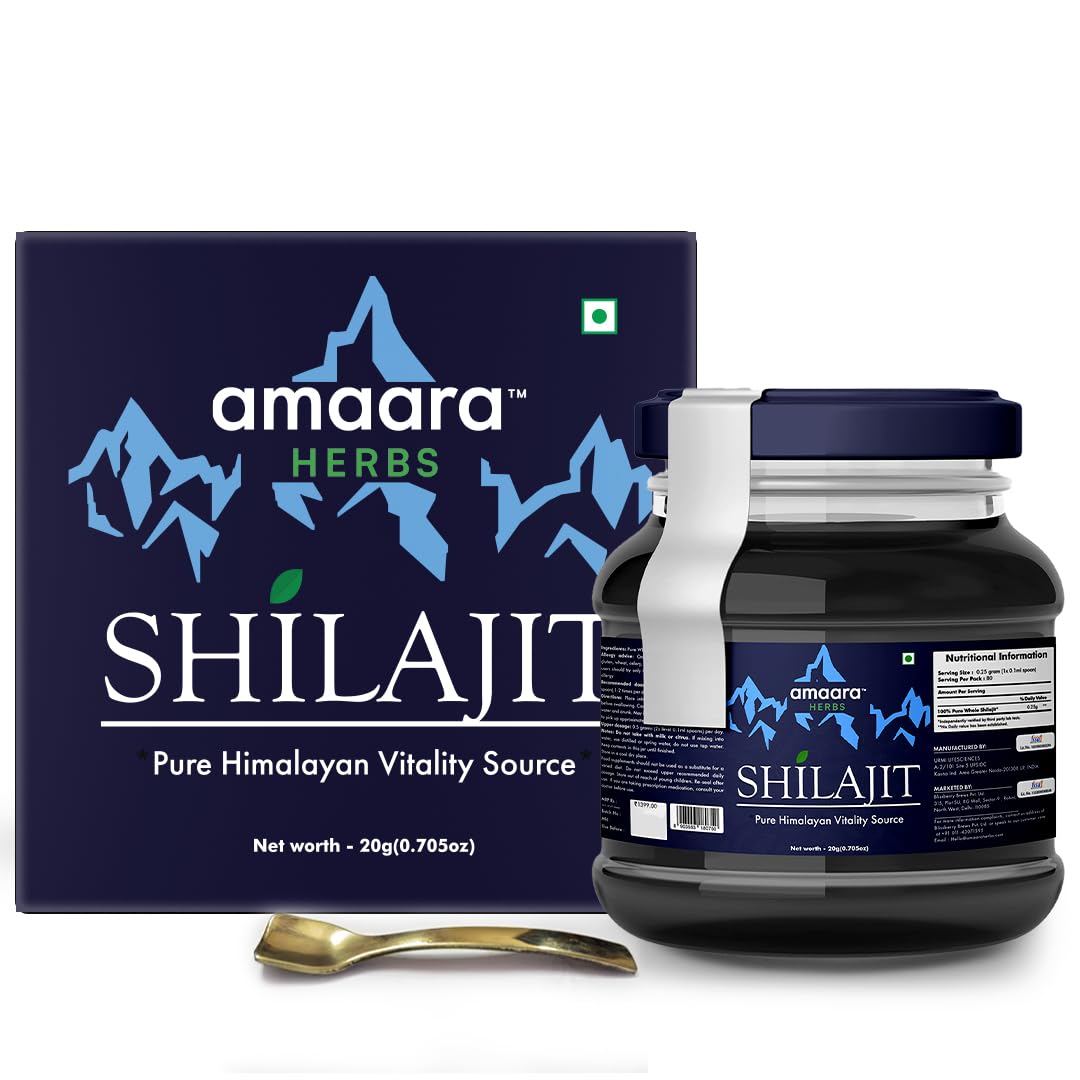 Amaara Herbs Pure Original Himalayan Shilajit/Shilajeet Resin 20g with Ashwagandha | Enhanced Strength & Stamina Formula for Men & Women | 4X Concentrated for Superior Results