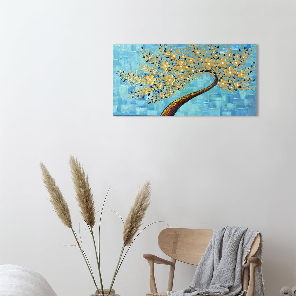 Peinture à L'Huile Abstraite Fleurs 3D Texte Épais – Toile Encadrée Prête à Accrocher 50x100 Cm Moderne