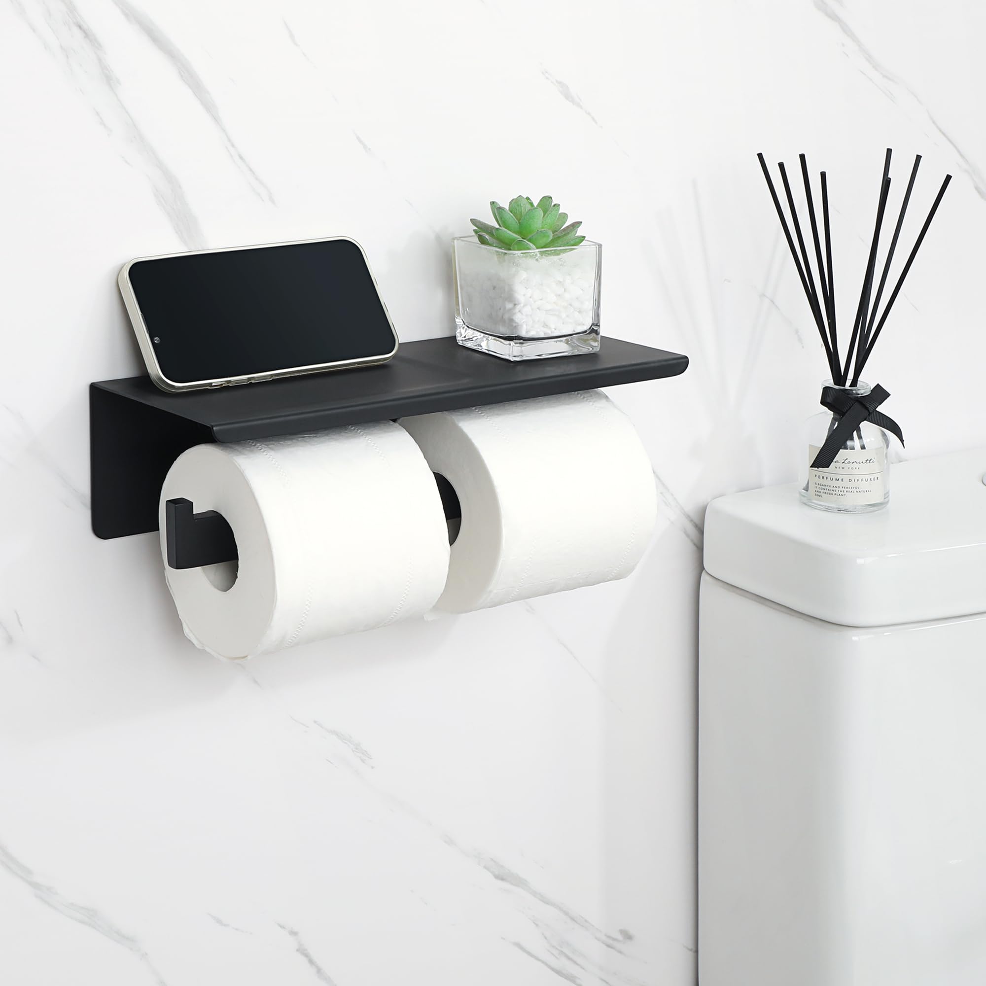 Alise GYT5002-B - Portarrollos de papel higiénico doble para baño con estante, dos instalación de autoadhesivo y perforación de pared, acabado negro mate