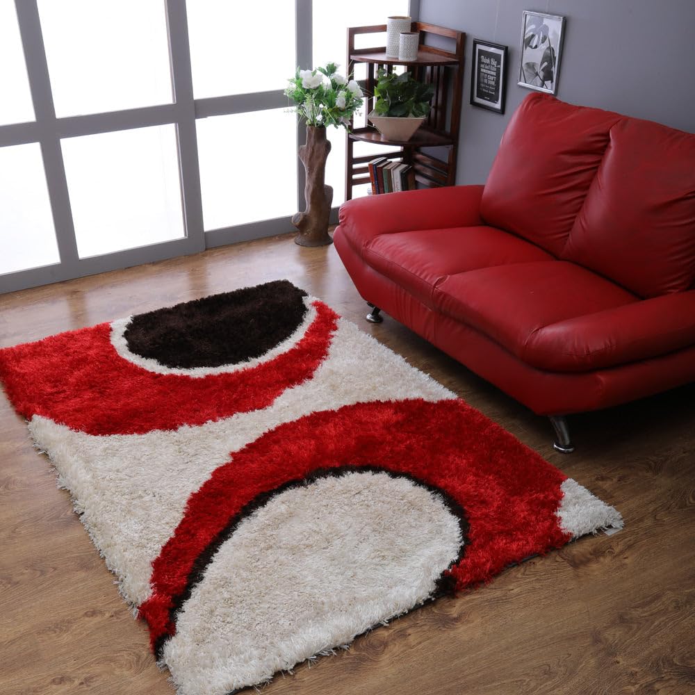 Hand Tufted SHAG Polyester ECO-Friendly Area Rugs - 4'x6', Rectangle, Red Ivory, Contemporary Modern Design, High Pile Thick Handmade Anti Skid Rugs for Living Room K00034