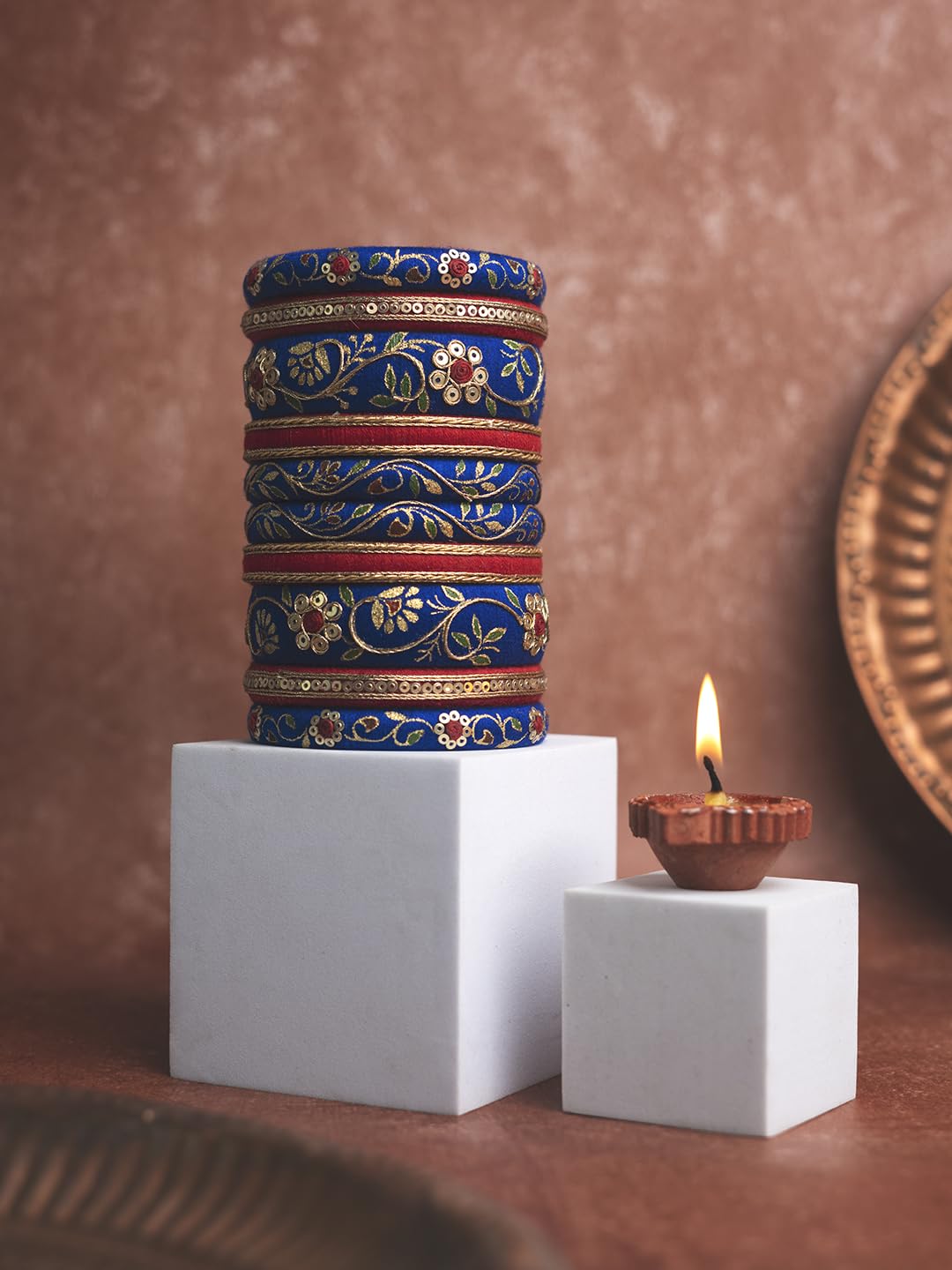 Taasha Craft Avyukta royal blue and red golden hand painted embroidery bangles set for Women & girls Size 2.8 (10 Bangle)