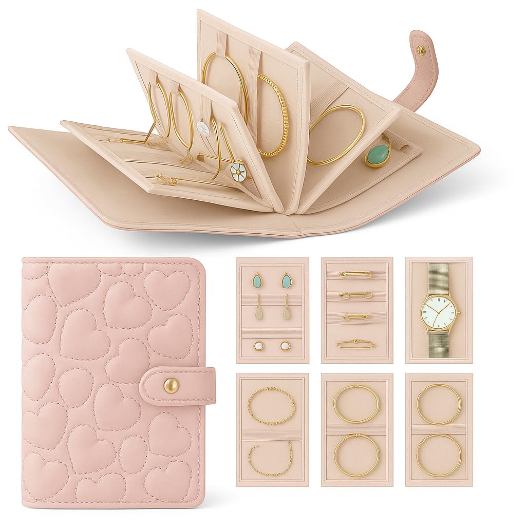 Coslifestore Travel Jewellery Organizer Foldable Jewellery Storage book Waterproof PU Leather Case with Loose-Leaf Ziplock Pouches for Rings, Earrings, Bracelets, Pendants Watches (Pink)