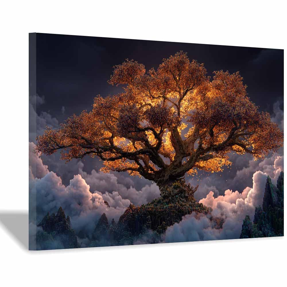 ZAMAEIU Tree of life wall art Cloud-draped trees abstract canvas wall, For Bathroom, Living Room, Bedroom, Office.Gift for Home Decor(brown)-70x100cm Framed