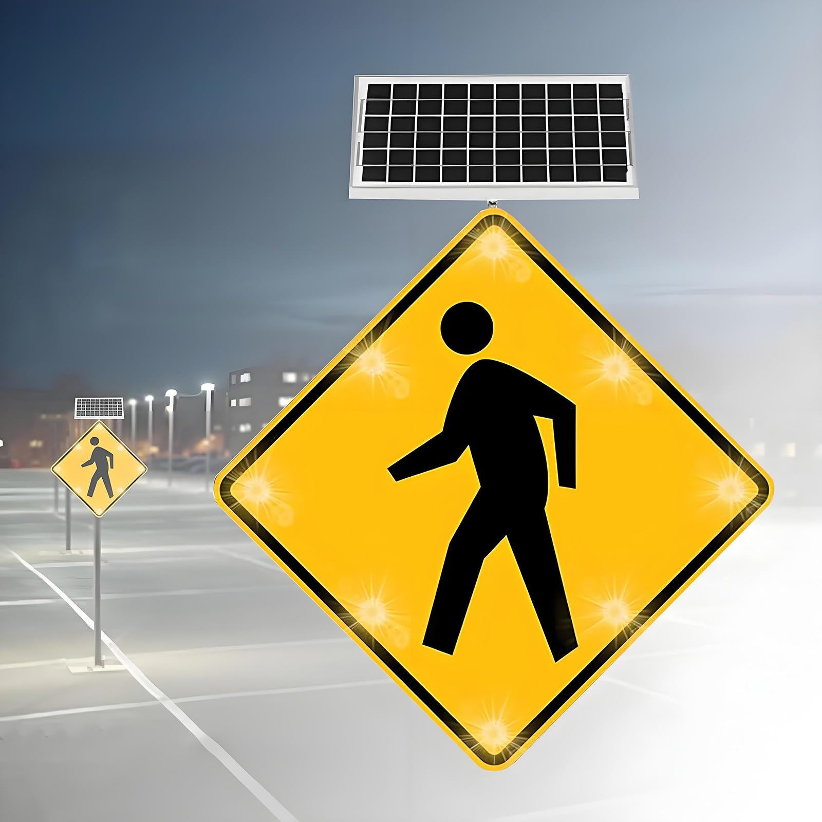 Señal LED de cruce de peatones con energía solar, señal de advertencia de tráfico de aluminio de 61 cm, material reflectante de grado de ingeniería para una mayor visibilidad