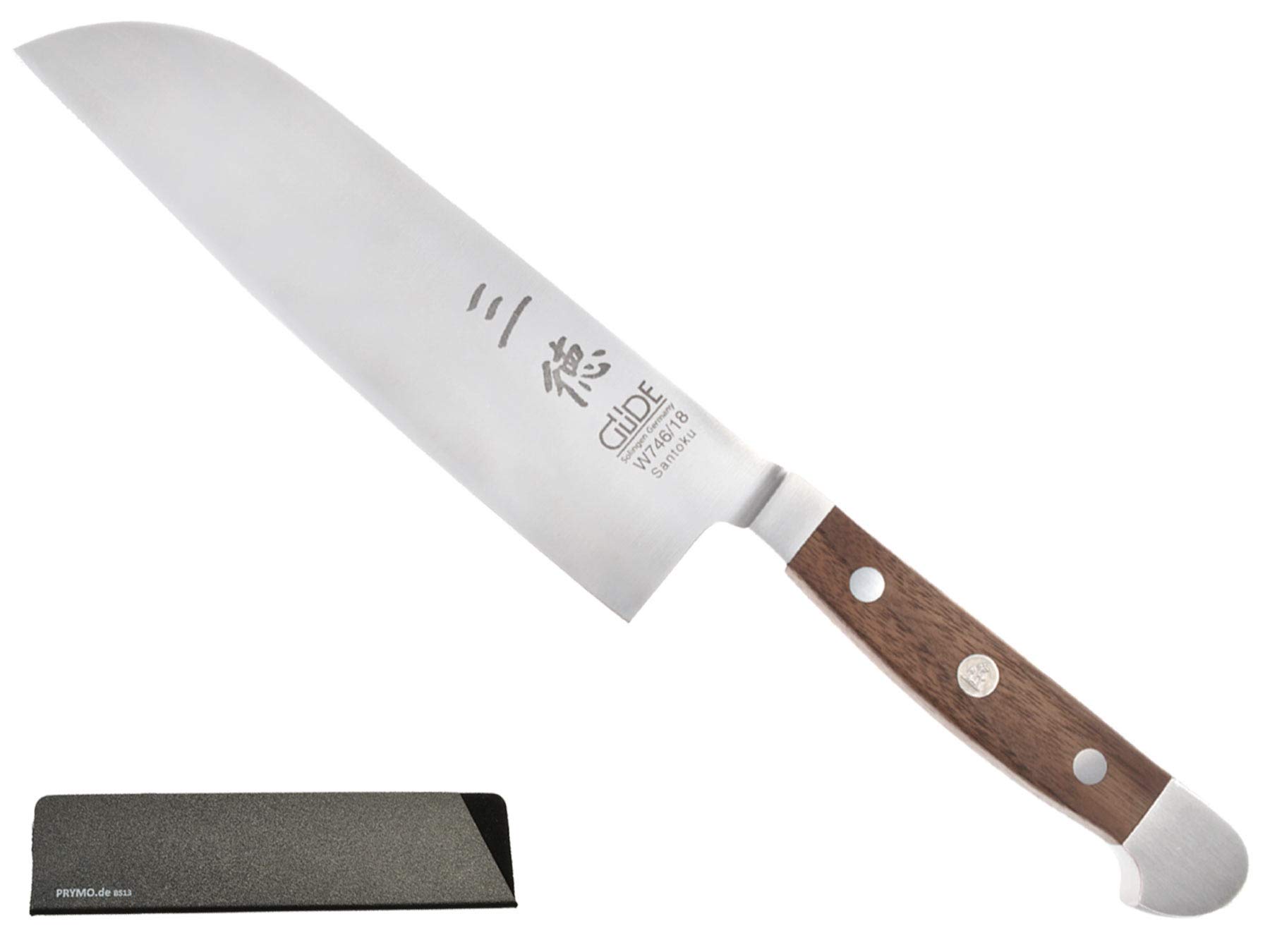 Güde Alpha Solingen Santoku 1 nóż z orzecha włoskiego, 18 cm + Prymo ochrona ostrza, nóż do warzyw