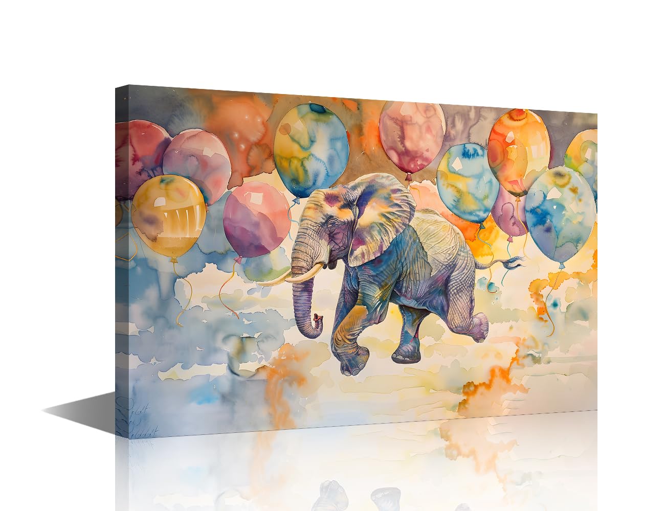 TISHIRON Bathroom Decor Wall Art Elephant Printed Wall Paintings 1 Piece Colorful Balloons Wall Decoration for Living Room Decor Elephant Wall Pictures Framed Ready to Hang (12''Wx 18''H)