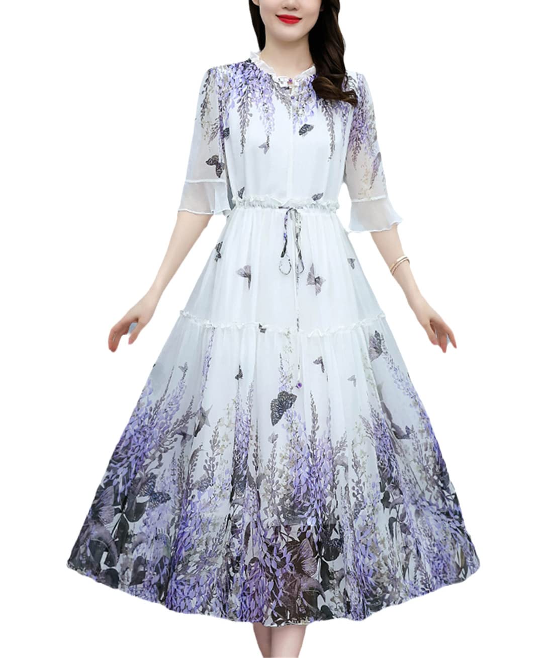Suwequest Abito lungo da donna casual da spiaggia, estivo, in chiffon, floreale, alla moda, abiti midi per feste eleganti e di lusso