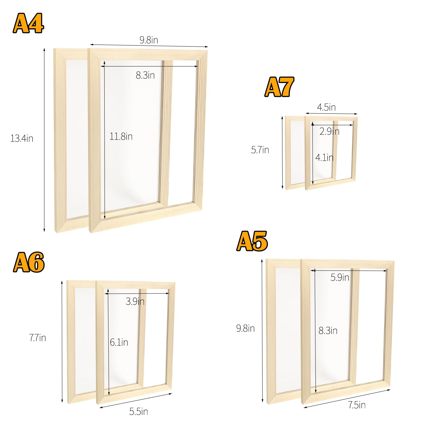 SUGOOE 4 Sizes Paper Making Frame Kit (A4, A5, A6, A7), Papermaking Mould and Frame Kit with Mesh and Sponge for DIY Paper Craft Making