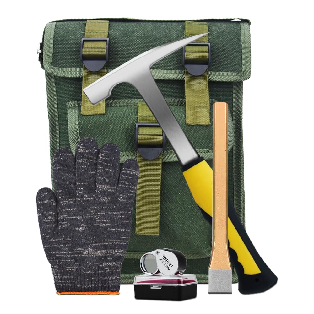 Hear XSUS 5 PCS Rockhounding Tools - Geology Rock Pick Hammer Kit, Musette Bag & 22oz Hammer, Digging Chisels, Magnifying Glass, Gloves