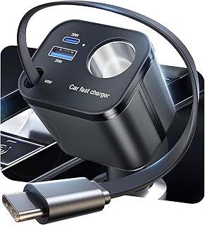 4 IN 1 Retractable Car Charger, [60% Smaller] 145W USB C Cigarette Lighter Adapter, Socket Splitter with Retractable Cable&USB-C/A Port, 12V/24V Fast Charging Car Phone Charger for iPhone 17 Pro Max
