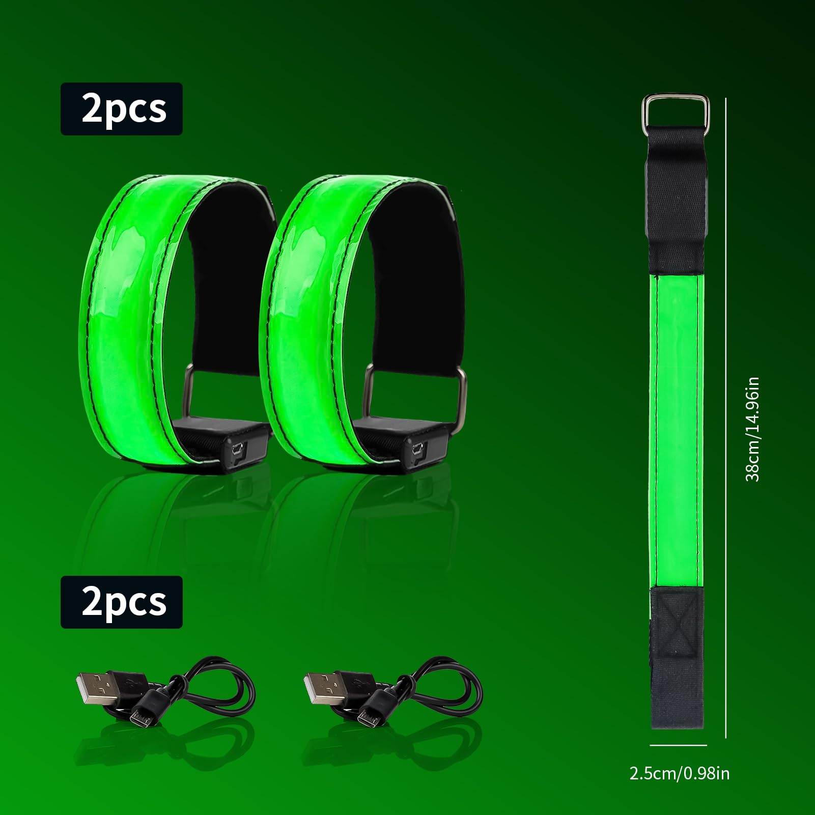 TaimeiMao 2 Pezzi Bande Catarifrangenti, LED Braccialetto Ricaricabile USB, Fascia di Sicurezza ad Alta visibilità, per Ciclismo, Jogging, Escursionismo, Running - Verde