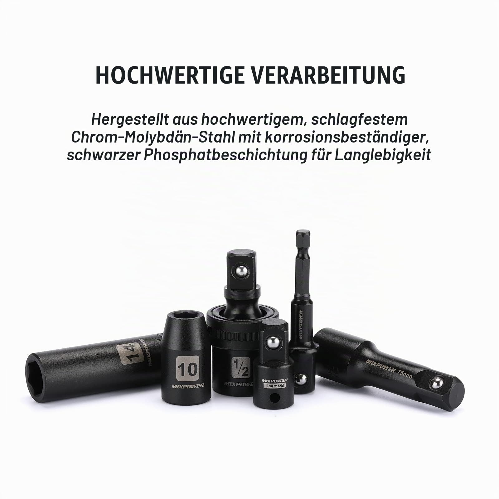 MIXPOWER 49-teiliges Steckschlüssel-Set für Schlagschrauber, 1/2 Zoll, tief/flach, 8 mm–32 mm, CR-V, metrisch, inklusive Verlängerungsstangen, Adapter, Universal-Schlaggelenk
